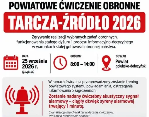 Ćwiczenia obronne TARCZA-ŹRÓDŁO 2026 w powiecie golubsko-dobrzyńskim – zawyją syreny