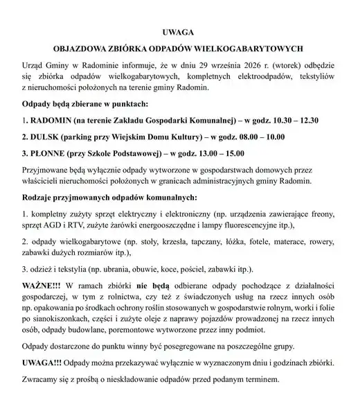 Radomin: 29 września zbiórka odpadów wielkogabarytowych, elektroodpadów i tekstyliów