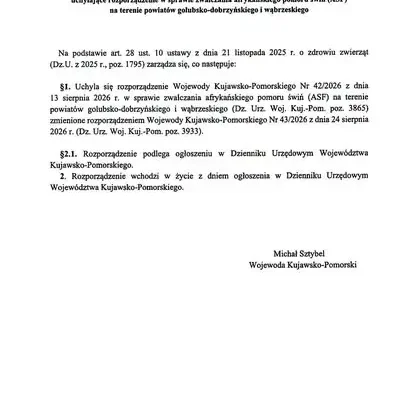 ASF: Wojewoda uchylił rozporządzenie dla powiatów golubsko-dobrzyńskiego i wąbrzeskiego