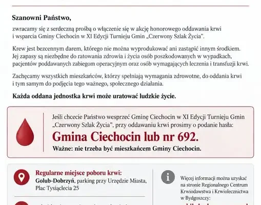 Gmina Ciechocin walczy o XI edycję turnieju „Czerwony Szlak Życia” – potrzebna krew