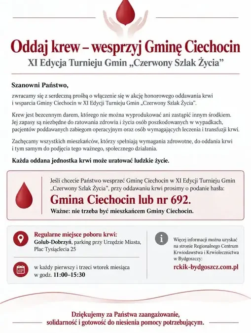 Gmina Ciechocin walczy o XI edycję turnieju „Czerwony Szlak Życia” – potrzebna krew