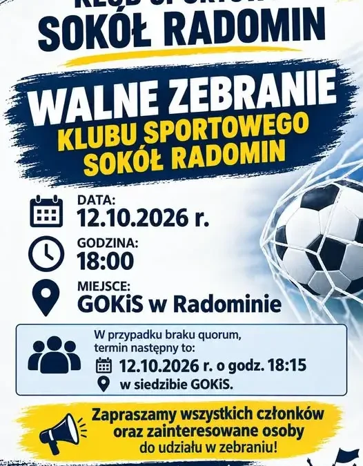 KS Sokół Radomin zaprasza na walne zebranie klubu