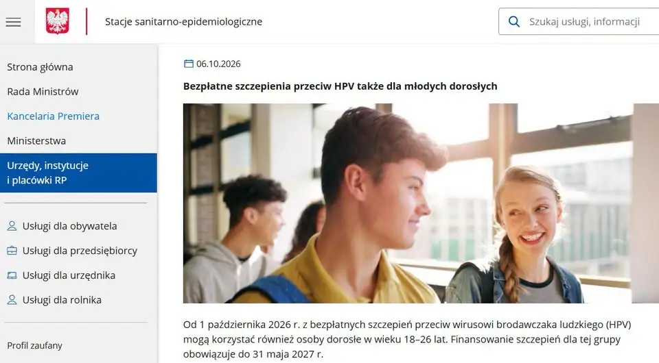 Bezpłatne szczepienia przeciw HPV dla osób w wieku 19–26 lat