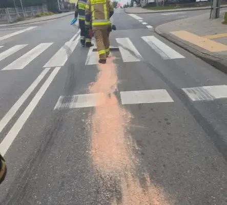 Plama oleju na drodze wojewódzkiej 534 w Radominie – interwencja strażaków